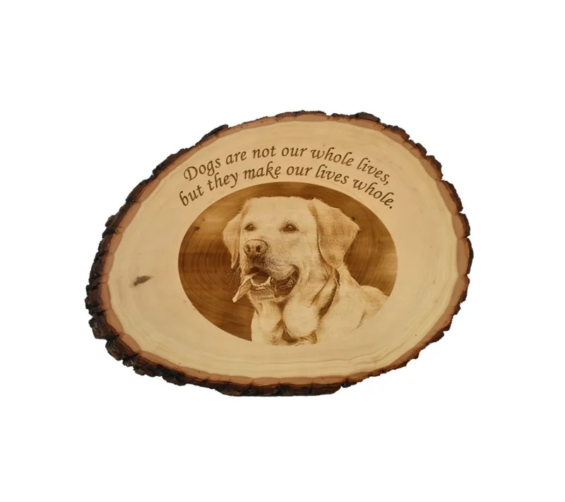 Personalized live edge photo plaque with laser engraved photo on natural rustic wood.