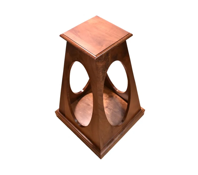 Walnut pyramid pedestal with cutout sides for taxidermy mount display
