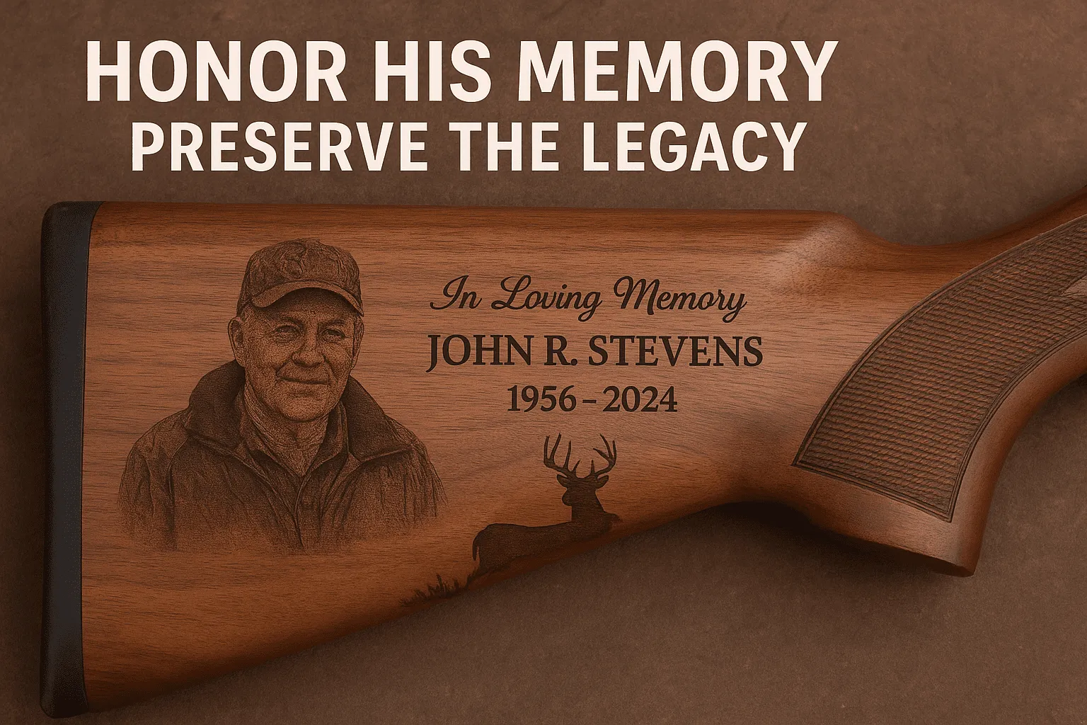 Memorial gun stock engraving featuring a portrait, name, life dates, and deer silhouette with the words ‘Honor His Memory, Preserve the Legacy.’